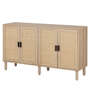 Finnhomy 4 Door Sideboard Buffet Cabinet, Kitchen Storage Cabinet with Rattan Decorated Doors, Cupbo...