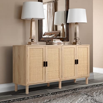 Finnhomy 4 Door Sideboard Buffet Cabinet, Kitchen Storage Cabinet with Rattan Decorated Doors, Cupboard Console Table, Boho Accent Liquor Cabinet, Bar Cabinet, 62.3X 15.7X 34.6 Inches, Natural