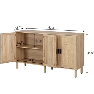 Finnhomy 4 Door Sideboard Buffet Cabinet, Kitchen Storage Cabinet with Rattan Decorated Doors, Cupboard Console Table, Boho Accent Liquor Cabinet, Bar Cabinet, 62.3X 15.7X 34.6 Inches, Natural