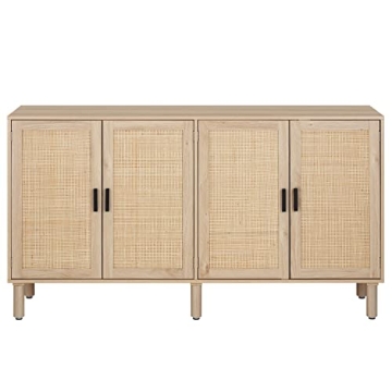 Finnhomy 4 Door Sideboard Buffet Cabinet, Kitchen Storage Cabinet with Rattan Decorated Doors, Cupboard Console Table, Boho Accent Liquor Cabinet, Bar Cabinet, 62.3X 15.7X 34.6 Inches, Natural