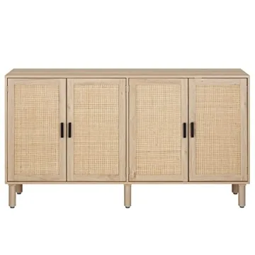 Finnhomy 4 Door Sideboard Buffet Cabinet, Kitchen Storage Cabinet with Rattan Decorated Doors, Cupboard Console Table, Boho Accent Liquor Cabinet, Bar Cabinet, 62.3X 15.7X 34.6 Inches, Natural
