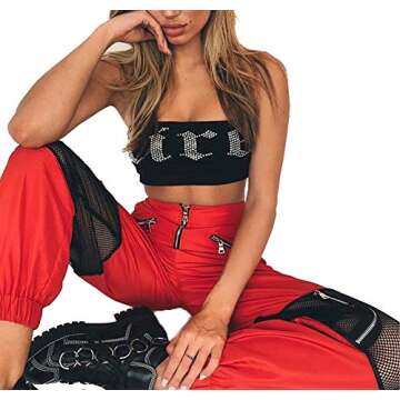 Women Mesh Stitching Jogger Pants Relax Fit Fashion Hiphop Dance Trouser Red S