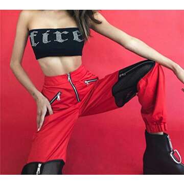 Women Mesh Stitching Jogger Pants Relax Fit Fashion Hiphop Dance Trouser Red S