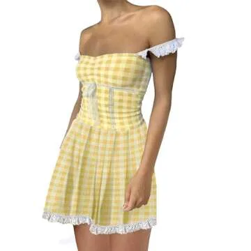 Y2K Lace Trim Mini Dress - Cute Gingham Short Dress with Spaghetti Straps