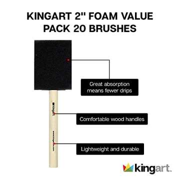 KINGART 242-20 Foam 20 Pc. Value Pack 2" Brush Set, Short Wood Handle, for Oil, Acrylic & Watercolor Paint, Great for Crafts, DIY Home Projects, Hobbies & Group Activities