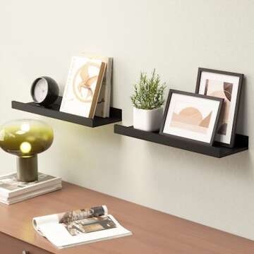 Boswillon Floating Shelves Wall Mounted Set of 2, Modern Black Wall Shelves for Storage with Lip, Di...
