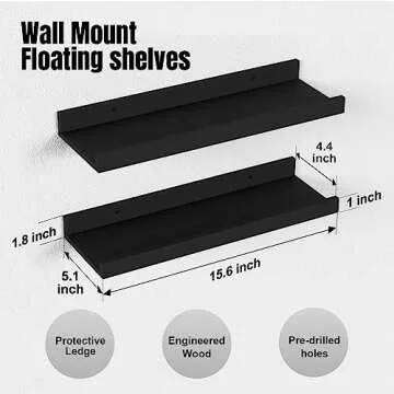 Boswillon Floating Shelves Wall Mounted Set of 2, Modern Black Wall Shelves for Storage with Lip, Display Picture Ledge Shelf for Wall Decor Bedroom Living Room Bathroom Kitchen