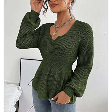 Veatzaer Womens Long Sleeve Knit Sweater V Neck Drop Shoulder Babydoll Sweater Solid Sweater Pullover Army Green