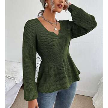 Veatzaer Womens Long Sleeve Knit Sweater V Neck Drop Shoulder Babydoll Sweater Solid Sweater Pullover Army Green