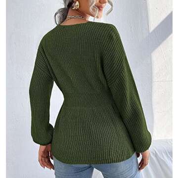 Veatzaer Womens Long Sleeve Knit Sweater V Neck Drop Shoulder Babydoll Sweater Solid Sweater Pullover Army Green