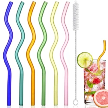 6-PACK Wavy Glass Straws: Colorful, Reusable & Eco-Friendly