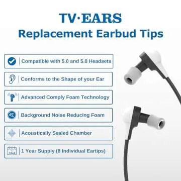 TV · EARS Genuine Replacement Earbud Tips for Original 4 Pairs, Digital & 5.8 Digital TV Ears Headsets, 1 Year Supply of Ear Tips Replacement, Gray