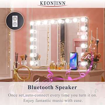 Keonjinn Large Gold Vanity Mirror with Lights and Bluetooth Speaker, 18 Replaceable Bulbs Hollywood ...