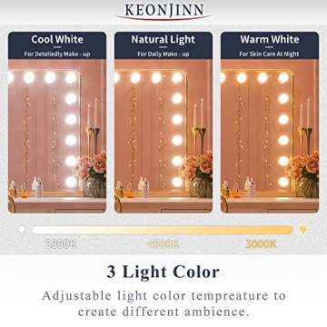 Keonjinn Large Gold Vanity Mirror with Lights and Bluetooth Speaker, 18 Replaceable Bulbs Hollywood Makeup Mirror with 2 Replacement Bulbs, 3 Color Lights, USB Charging Port, 32" x 24" Lighted Mirror