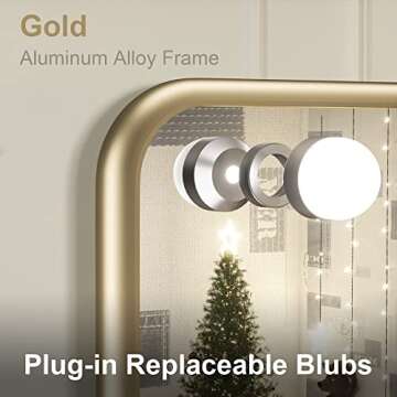 Keonjinn Large Gold Vanity Mirror with Lights and Bluetooth Speaker, 18 Replaceable Bulbs Hollywood Makeup Mirror with 2 Replacement Bulbs, 3 Color Lights, USB Charging Port, 32" x 24" Lighted Mirror