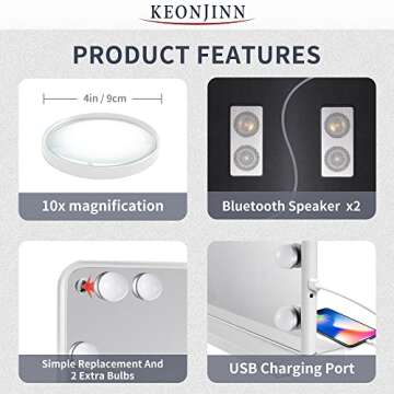 Keonjinn Large Gold Vanity Mirror with Lights and Bluetooth Speaker, 18 Replaceable Bulbs Hollywood Makeup Mirror with 2 Replacement Bulbs, 3 Color Lights, USB Charging Port, 32" x 24" Lighted Mirror