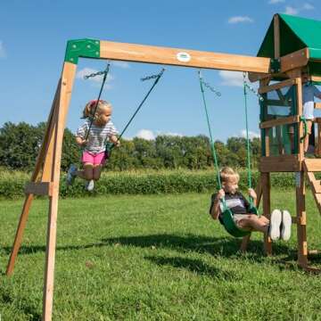 Backyard Discovery Buckley Hill Wooden Swing Set, Made for Small Yards and Younger Children, Two Belt Swings, Covered Mesh Fort with Canopy, Rock Climber Wall, 6 ft Slide Green