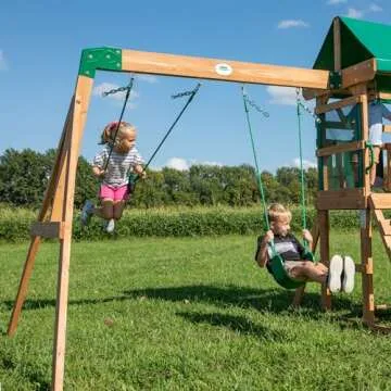 Backyard Discovery Buckley Hill Wooden Swing Set, Made for Small Yards and Younger Children, Two Belt Swings, Covered Mesh Fort with Canopy, Rock Climber Wall, 6 ft Slide Green