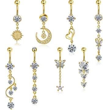 Hicarer 8 Pieces 14G Belly Button Rings Steel Long Dangle Navel Ring CZ Body Piercing Jewelry (Gold)