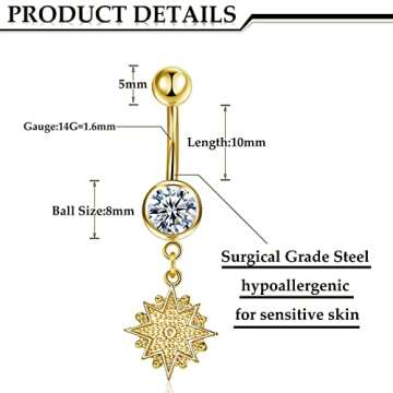 Hicarer 8 Pieces 14G Belly Button Rings Steel Long Dangle Navel Ring CZ Body Piercing Jewelry (Gold)