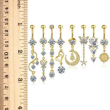 Hicarer 8 Pieces 14G Belly Button Rings Steel Long Dangle Navel Ring CZ Body Piercing Jewelry (Gold)