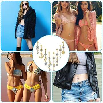 Hicarer 8 Pieces 14G Belly Button Rings Steel Long Dangle Navel Ring CZ Body Piercing Jewelry (Gold)