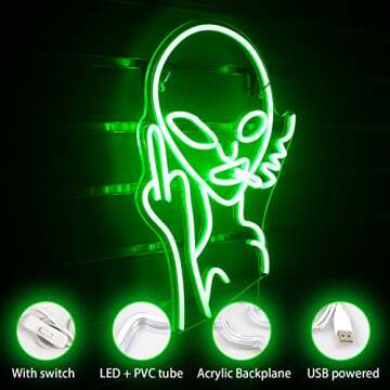 Lucunstar Green Alien Neon Sign,Neon Sign for Room,Alien Neon Signs for Wall Decor,Game Room Decor,Hip Hop Party LED Sign For Teen Room,Green Wall Decor,Bedroom Wall Decor,Home Wall,Party Light