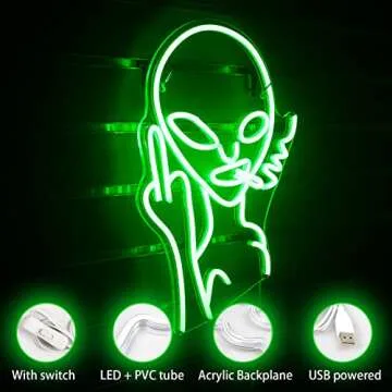 Lucunstar Green Alien Neon Sign,Neon Sign for Room,Alien Neon Signs for Wall Decor,Game Room Decor,Hip Hop Party LED Sign For Teen Room,Green Wall Decor,Bedroom Wall Decor,Home Wall,Party Light