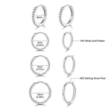 925 Sterling Silver Small Hoop Earrings - 14K White Gold Plated Silver CZ Hoop Earrings | Tiny Endless Huggie CZ Hoop Earring Cartilage Earrings for Women Men(8/10/12mm+8mm)