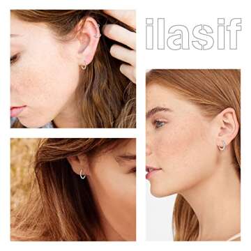 925 Sterling Silver Small Hoop Earrings - 14K White Gold Plated Silver CZ Hoop Earrings | Tiny Endless Huggie CZ Hoop Earring Cartilage Earrings for Women Men(8/10/12mm+8mm)