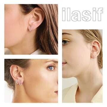 925 Sterling Silver Small Hoop Earrings - 14K White Gold Plated Silver CZ Hoop Earrings | Tiny Endless Huggie CZ Hoop Earring Cartilage Earrings for Women Men(8/10/12mm+8mm)