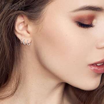 925 Sterling Silver Small Hoop Earrings - 14K White Gold Plated Silver CZ Hoop Earrings | Tiny Endless Huggie CZ Hoop Earring Cartilage Earrings for Women Men(8/10/12mm+8mm)