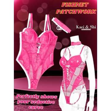 Kaei&Shi Rave Outfits Bodysuit Tops, Fishnet Corset Body Suit, Sexy Lingerie For Women, Faux Leather Festival Goth,Hot Pink,Medium