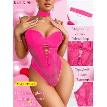 Kaei&Shi Rave Outfits Bodysuit Tops, Fishnet Corset Body Suit, Sexy Lingerie For Women, Faux Leather Festival Goth,Hot Pink,Medium
