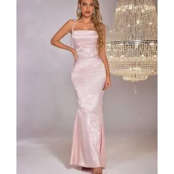 GLNEGE Women's Satin Bodycon Maxi Dress Elegant Formal Spaghetti Strap Cowl Neck Evening Party Dresses Pink