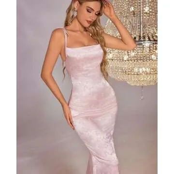 GLNEGE Women's Satin Bodycon Maxi Dress Elegant Formal Spaghetti Strap Cowl Neck Evening Party Dresses Pink