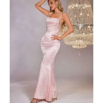 GLNEGE Women's Satin Bodycon Maxi Dress Elegant Formal Spaghetti Strap Cowl Neck Evening Party Dresses Pink