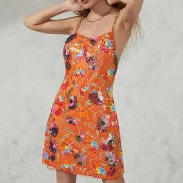 Sparkly Women Sequin Mini Dress Backless Low-Cut Rainbow Floral Spaghetti Strap Short Dress Birthday Party Cocktail Clubwear (Medium, B Orange)