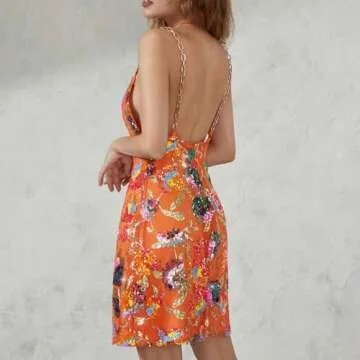 Sparkly Women Sequin Mini Dress Backless Low-Cut Rainbow Floral Spaghetti Strap Short Dress Birthday Party Cocktail Clubwear (Medium, B Orange)