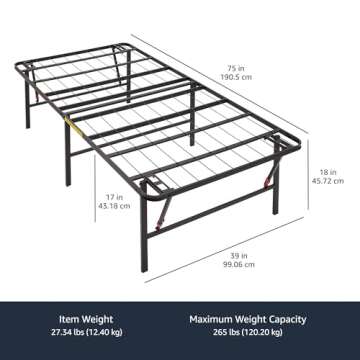 Amazon Basics Bed Frame with Storage, Foldable Metal Platform, Sturdy Steel, No Box Spring Needed, 18 inches High, Tool-Free Setup, Twin Size, Black