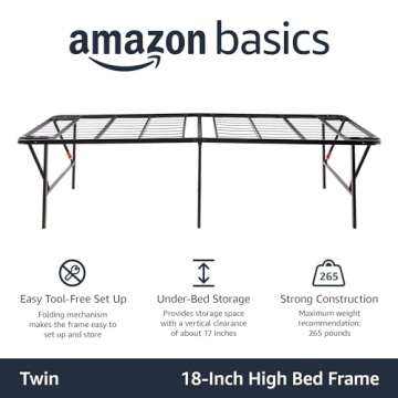 Amazon Basics Bed Frame with Storage, Foldable Metal Platform, Sturdy Steel, No Box Spring Needed, 18 inches High, Tool-Free Setup, Twin Size, Black