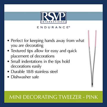 RSVP International Endurance Kitchen Baking/Decorating Collection Culinary Straight Tweezer Tongs, Stainless Steel Coated Indented Tips, Dishwasher Safe, 5-3/4 Inch Length, Pink