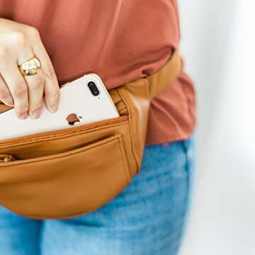 Just Like Joan Small Vegan PU Leather Fanny Pack for Women Crossbody Sling Bag Fashionable Faux Leather Waist Packs Brown Belt Bag with Adjustable Strap Purse for Ladies Travel, Walking and Hiking