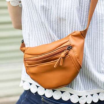 Just Like Joan Small Vegan PU Leather Fanny Pack for Women Crossbody Sling Bag Fashionable Faux Leather Waist Packs Brown Belt Bag with Adjustable Strap Purse for Ladies Travel, Walking and Hiking