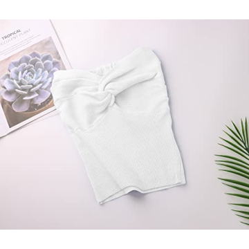 Meladyan Women Twist Knot Front Solid Knit Bandeau Tube Top Sexy Strapless Sleeveless Slim Fit Crop Tank Bustier White X-Small