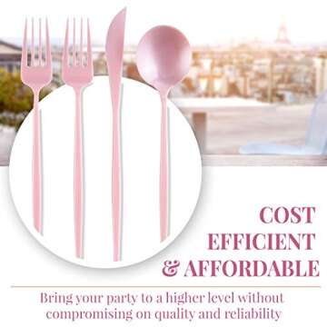 SILVER SPOONS Pink Disposable Cutlery (80 PC) Heavy Duty Plastic Silverware Set, Includes: 40 Salad Forks, 20 Soup Spoons and 20 Dinner Knives, Disposable Flatware for Upscale Wedding and Dining