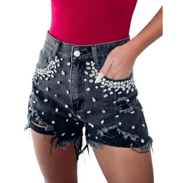 EZAPINE Women Denim Shorts High Waist Frayed Raw Hem Rippped Rhinestone Jean Shorts
