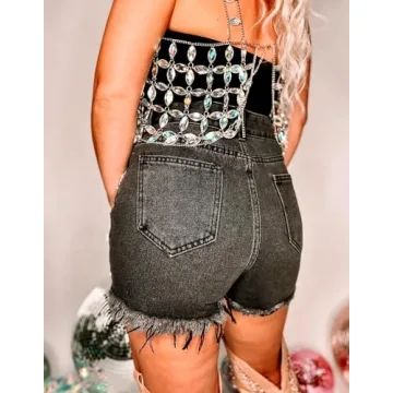 EZAPINE High Waist Rhinestone Denim Shorts for Summer