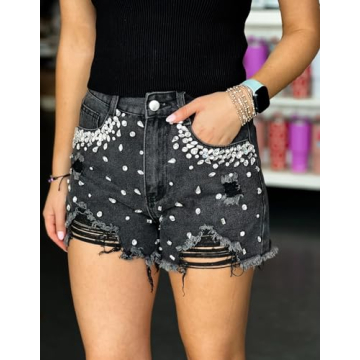EZAPINE High Waist Rhinestone Denim Shorts for Summer