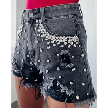 EZAPINE High Waist Rhinestone Denim Shorts for Summer